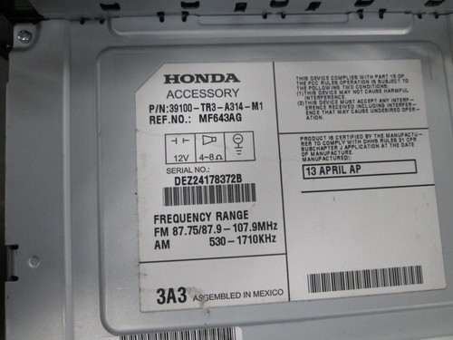 **13 14 15 HONDA CIVIC RADIO CD PLAYER #39100-TR3-A314 (ROOM-145)* - Picture 3 of 4