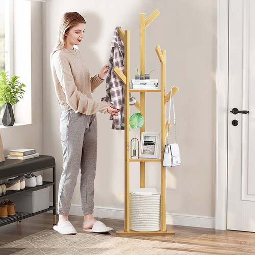 Stable Bamboo Coat Rack Floor Tree Hat Jacket Scarf Hanger w 3 Shelves &10 Hooks - Picture 9 of 14