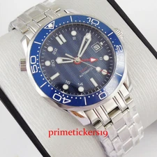 BLIGER nologo wave blue dial red hands GMT stainless steel automatic men's watch