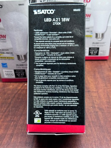 6 Pack Satco S8652 1600Lm 18W = 100W A21 Dimmable LED Warm White 90CRI Med E26 - Picture 5 of 6