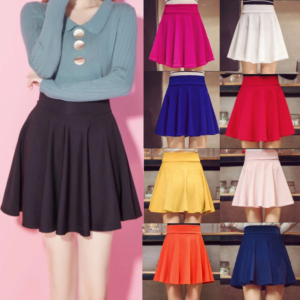 Damen Stretch Bund Minirock Hohe Taille Bequem Ausgestellt Skater Mädchen Röcke - Bild 2 von 4