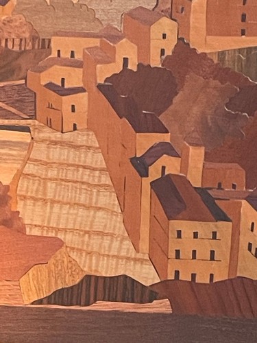 Vintage Wood Marquetry wood Inlay Village City Scene 15'' x 11'' - Picture 3 of 4