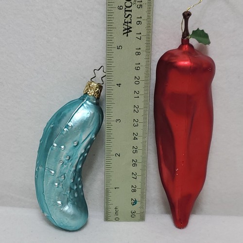 Pickle and Pepper Vintage Glass Christmas Tree Ornaments Red Teal Veggie Decor - Picture 6 of 7