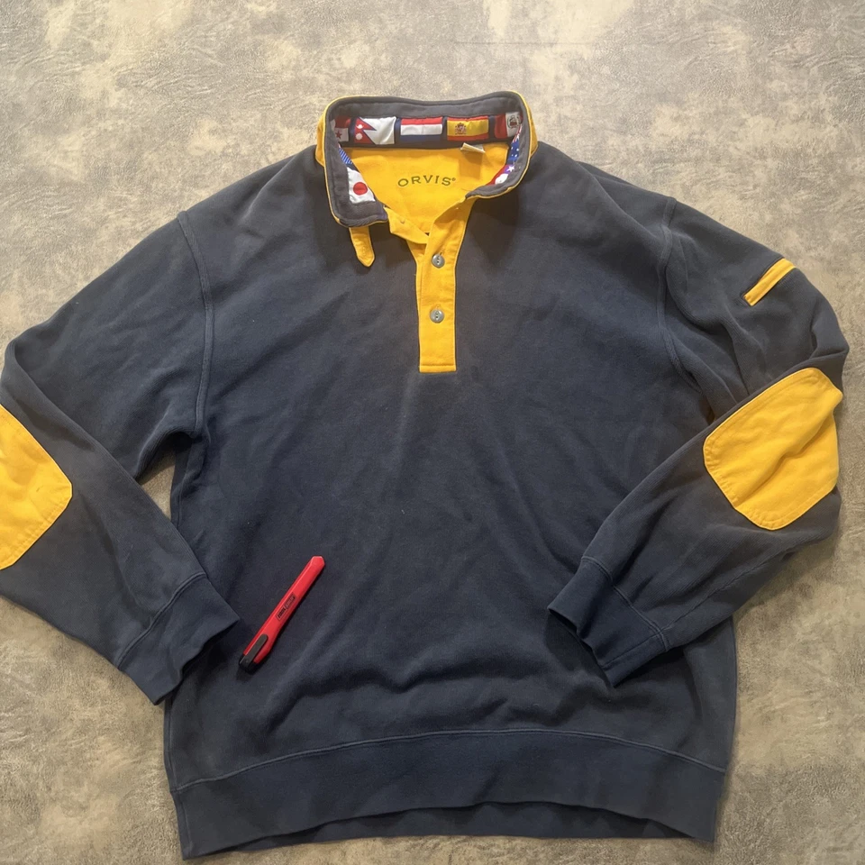 VTG ORVIS Pullover Sweatshirt Men's M Gray International Flag Padded Elbow *FLAW - Image 2 of 4