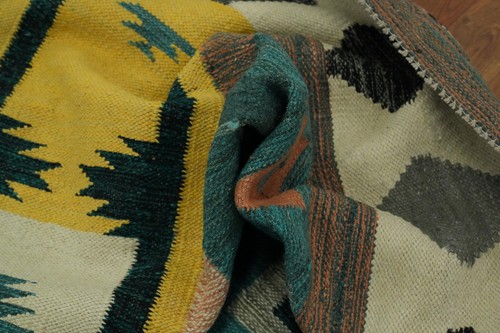 Green / Teal Geometric Kilim Area Rug 8x11 Ft Hand Woven Vegetable Dye Wool Rug - Picture 10 of 11