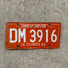 1962 Illinois License Plate Auto Tag Garage Decor Vintage Orange White DM 3916