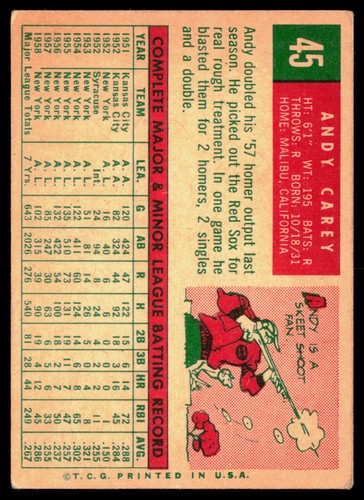 Andy Carey 1959 Topps #45 - Foto 2 di 2