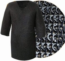 Medieval Sca Larp Riveted 9 mm Flat Ring Black Chainmail Shirt , Small Size