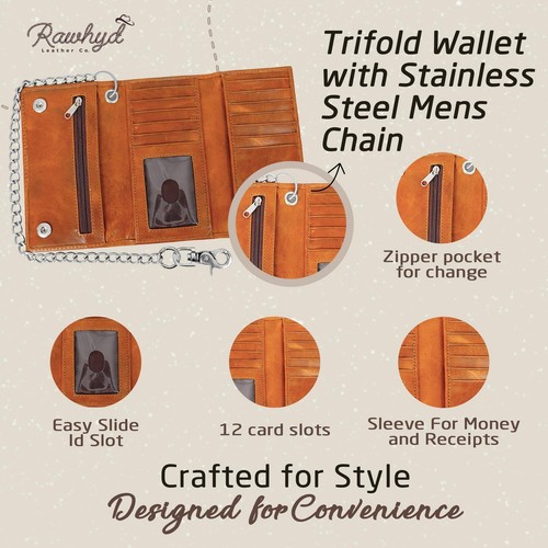 Biker Wallets for Men with Chain - Brown Leather Wallet w/ 12 Credit Card Slo... - Picture 5 of 8