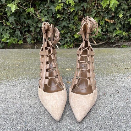 Aquazzura Amazon suede and leather lace-up pumps in biscotto size IT 38 US 8 - Picture 9 of 24