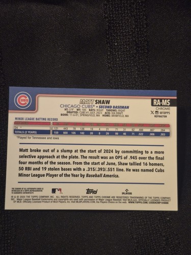 💥Matt Shaw RC 2025 Topps Chrome Rookie Refractor Auto #'d /499 Chicago Cubs💥 - Bild 7 von 7