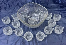 Vintage 14-piece Glass Punch Bowl Set with 12 Cups, Plastic Ladle, Pre-owned