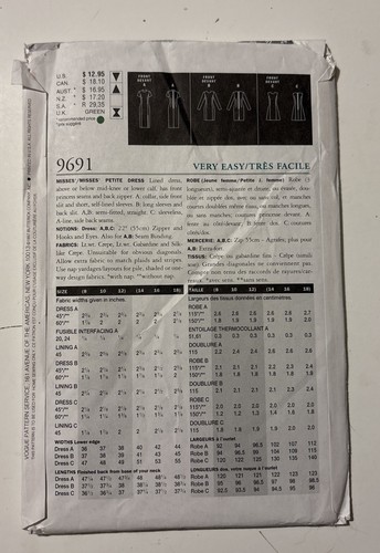 Vogue 9691 Vogue Very Easy Dress Sewing Pattern 8-10-12 UNCUT - Picture 2 of 3