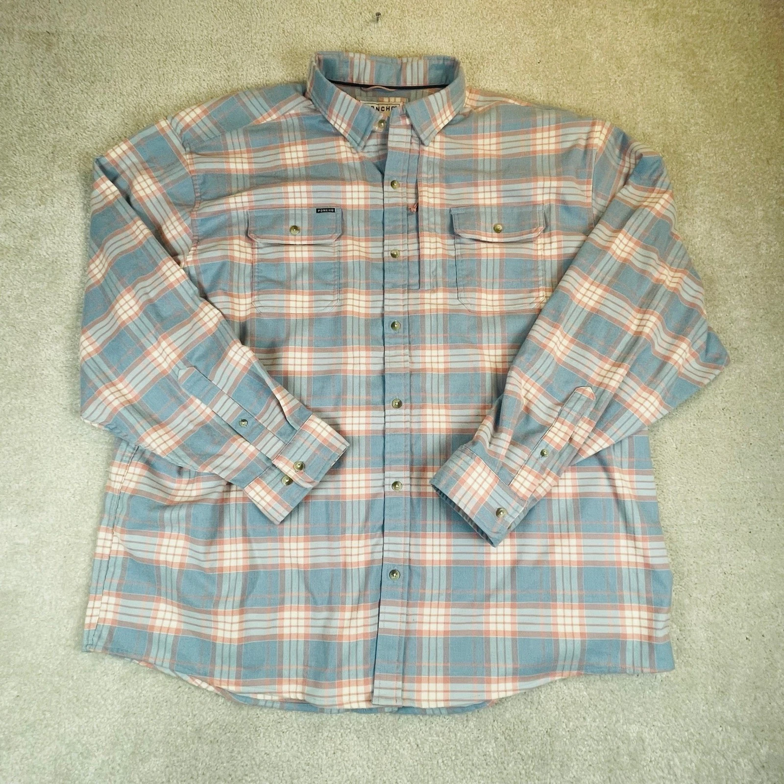 Poncho Mens Flannel Shirt 3XL Blue Pink Plaid Outdoor Magnetic Pocket Fishing
