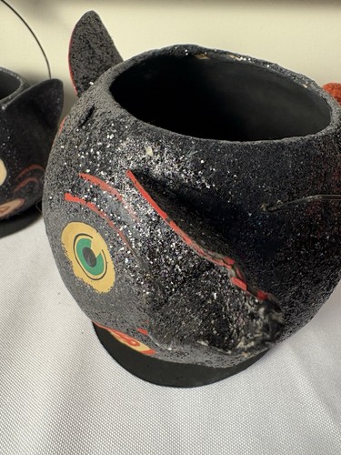 Vintage Dept 56 Paper Mache Black Cats And Pumpkin Pails/ Buckets Three Lot of 3 - Picture 21 of 22