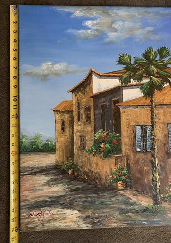 Painting Mediterranean Style House Palm Tree Sky Window Box Plants Signed Canvas - Picture 12 of 13