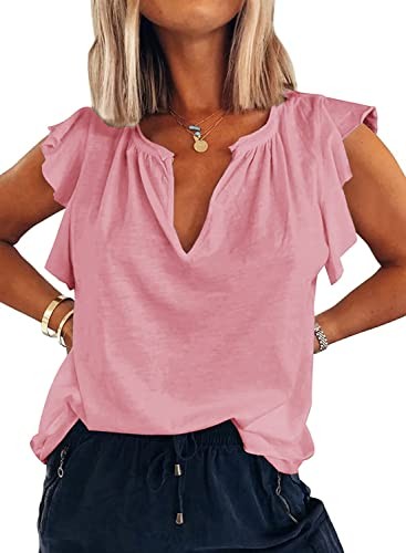  Damen-Tanktops Übergröße V-Ausschnitt Rüschenärmel Sommer Freizeit X-Large rosa - Bild 1 von 5