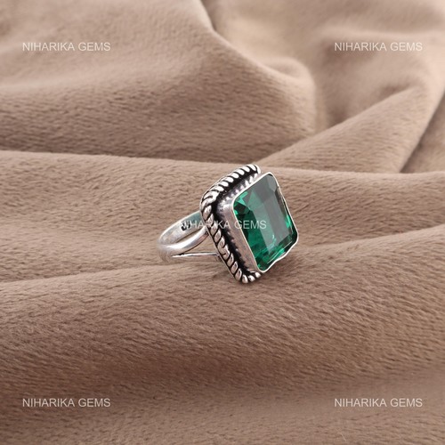 925 Sterling Silver Rectangle Green Emerald Stone Solitaire Wife Ring Jewelry - Picture 5 of 9