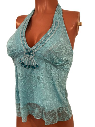 Y2K Blue Beaded Embellished Lace Lined Bust Babydoll Halter Top New Glam 2000k - Picture 2 of 3