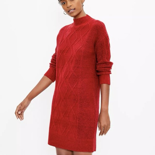 LOFT Wool Blend Cable Knit Mock Neck Turtleneck Sweater Dress S Red Long Sleeve - Picture 11 of 11