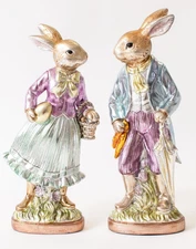 New FARMHOUSE BUNNY COUPLE Easter Rabbits PASTEL FINISH Spring Cottage 15"&16"T