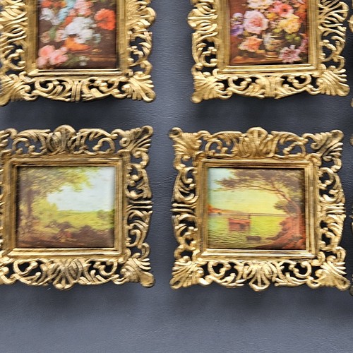 12 Vtg Padded Satin Portrait floral Pictures 4x3 Plastic Gold Frames Hong Kong - Picture 5 of 8
