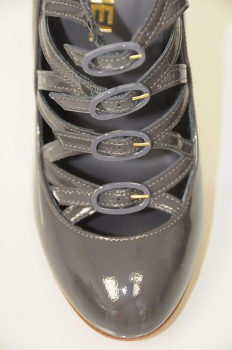 New Chanel Dark Grey Patent Pumps Buckle Strap Gold Heels Shoes 36.5 RARE! - Picture 3 of 11