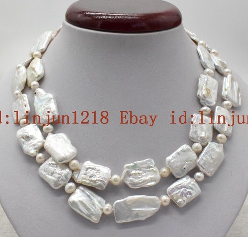 Collana di perle rettangolari barocco bianco moda 2 file 15x20 mm 18-20'' - Foto 10 di 12