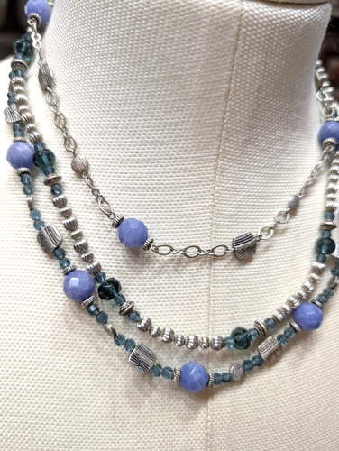 3 Chain Choker Necklace w/BLUE & SILVER TONE Beads - Picture 3 of 4