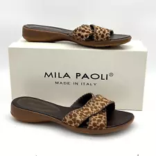 Mila Paoli Sandals Leopard Print Brown Slip On Animal Print Fur Open Toe Womens