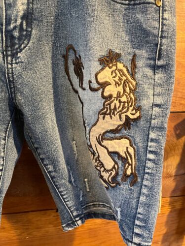 SoSoo Men's Jean Denim Shorts Size 33 Distressed Patches Lion Skater VTG - Picture 3 of 10