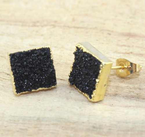 Square Natural Sugar Agate Druzy Gold Plated Drop Stud Earring Handmade Jewelry - Picture 14 of 23