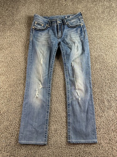 Miss Me Jeans Womens 30 Blue Straight Fit Thick Chain Stitch Denim Distressed - Picture 2 of 16