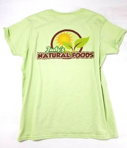 Judy-039-s-Natural-Foods-T-Shirt-Tee-Lime-Green-Logo-Healthy-Food-Grocery-Women-Sz-L
