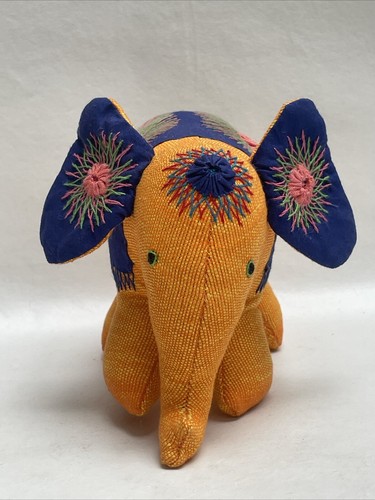 Peluche elefante MARIETA arancione festival peluche telaio a mano Sri Lanka fortunato 5"x6" - Foto 2 di 9