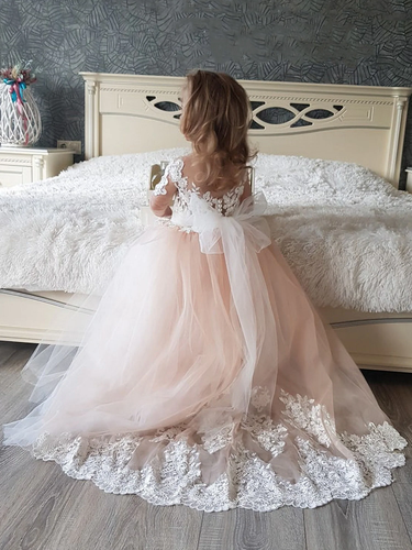 White Ivory Flower Girl Dresses V Neck Bridesmaid with Bow Lace Appqulies Tulle - Picture 89 of 119