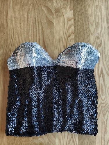Nuevo - Top bandeau sin tirantes con lentejuelas negro/plateado - Reino Unido Talla 8