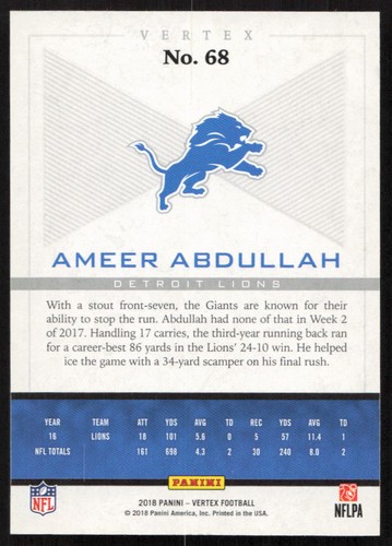 Panini Vertex #68 2017 Ameer Abdullah Detroit Lions - Imagen 2 de 2