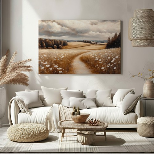 Road Through Autumn Flowers Meadow Field Vintage Painting Canvas Print Wall Art - Picture 4 of 9
