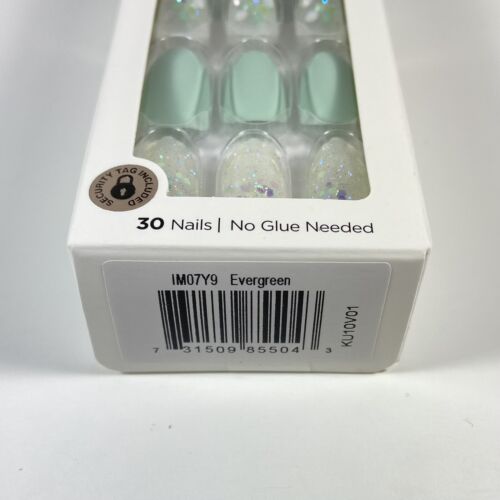 NEW Kiss Nails Impress Press On Manicure Medium Almond Gel Matte Mint Green Gems - Picture 2 of 2