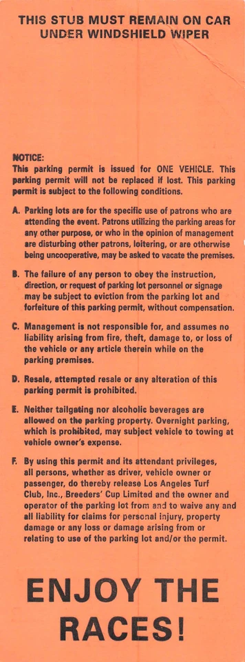 Breeders Cup World Championships 2014 Santa Anita Park CA Car Ticket Stub - Image 2 of 2