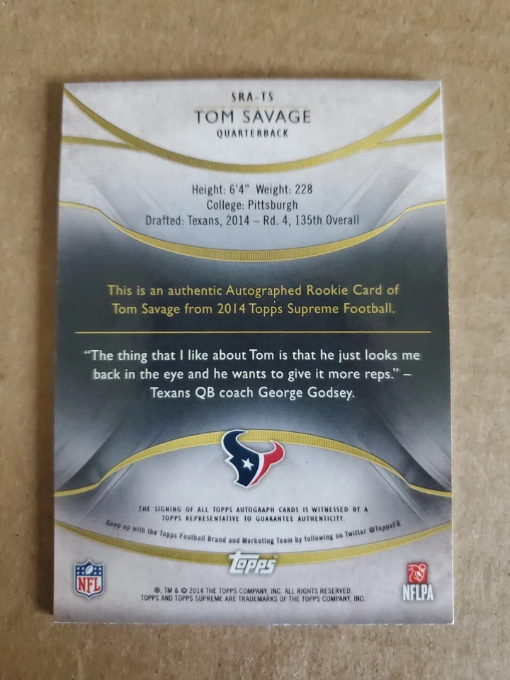2014 Topps Supreme Auto Violet /25 Tom Savage Rookie Auto RC Texans !!! - Image 2 of 2