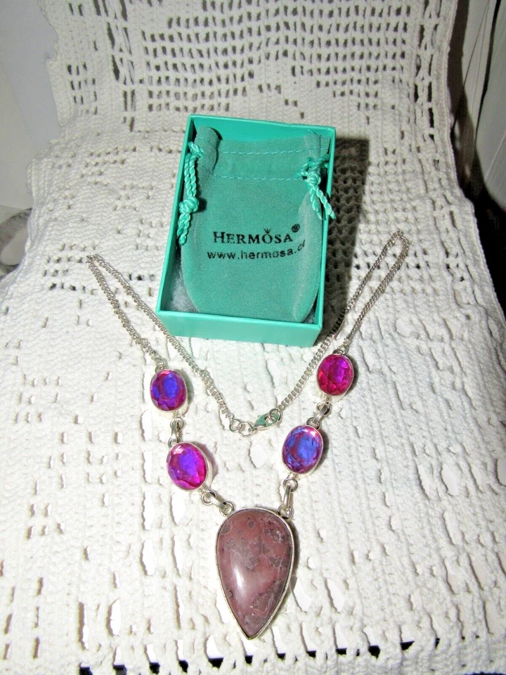 Hermosa Rodonita Rosa y Piedras Preciosas Rosa Caliente Conjunto en Plata 925 Foto 2 de 4