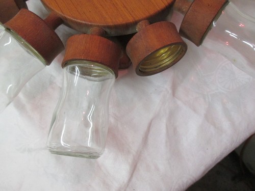 Vintage 1975 Denmark Digsmed 12 glass Spice Jars spinning Teak Holder wheel #301 - Picture 2 of 4