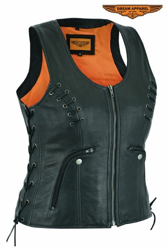 Women's Motorcycle Leather Vest Lace Black - Zip Closure Nylon Lining L,XL,2XL - Picture 5 of 5