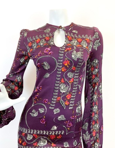 VTG 60s 70s PURPLE WHITE ORANGE FLORAL PAISLEY VINE MOD BOHO FOLK MAXI DRESS 6 8 - Picture 3 of 7