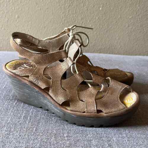 Fly London Yexa 916 Tan Metallic Lace Up Wedge Sandals Size 39 - Picture 5 of 11