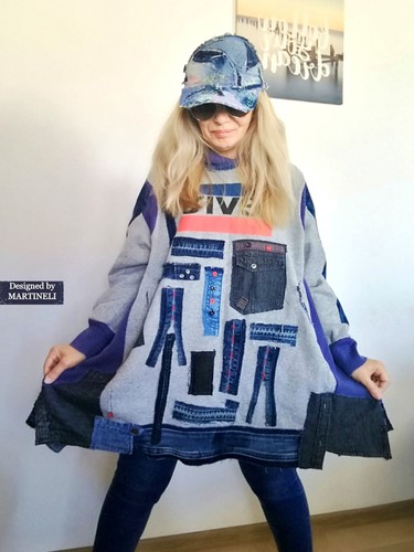 PLUS SIZE HOODED SWEATSHIRT DRESS 5X LOOSE LEVIS DENIM DRESS PATCHWORK JEANS TOP - Picture 2 of 14