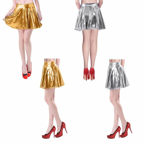 Sexy Women Shiny Metallic Skirt Wet Look Casual A-line High Waist Pleated Skirts - Picture 6 of 25