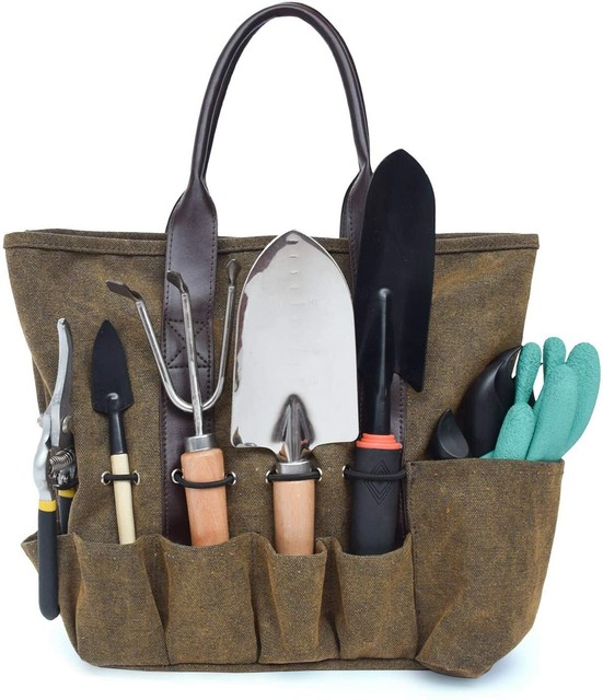 8 Pockets and Leather Handle Canvas Garden Tool Tote Bag Heavy Duty